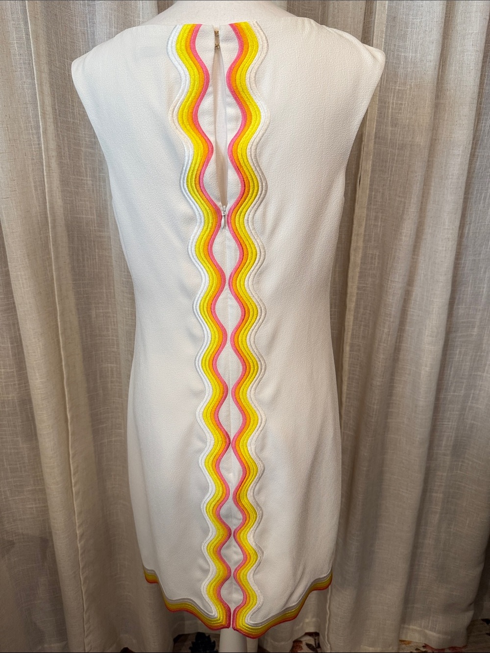 Trina Turk White Shift Dress Rainbow Ric Rac Trim Sleeveless Mod Mini-Size S/M - Picture 2 of 15